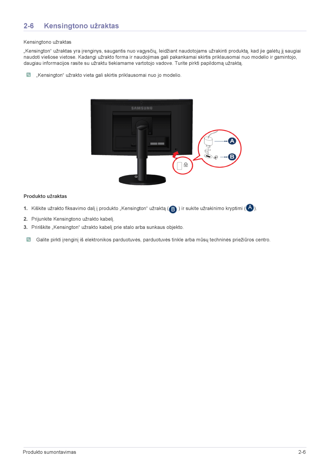 Samsung LS22CBKMBV/EN, LS22CLZSB/EN, LS20CLYSB/EN, LS22CBUMBV/EN, LS19CLYSBUEN manual Kensingtono užraktas, Produkto užraktas 