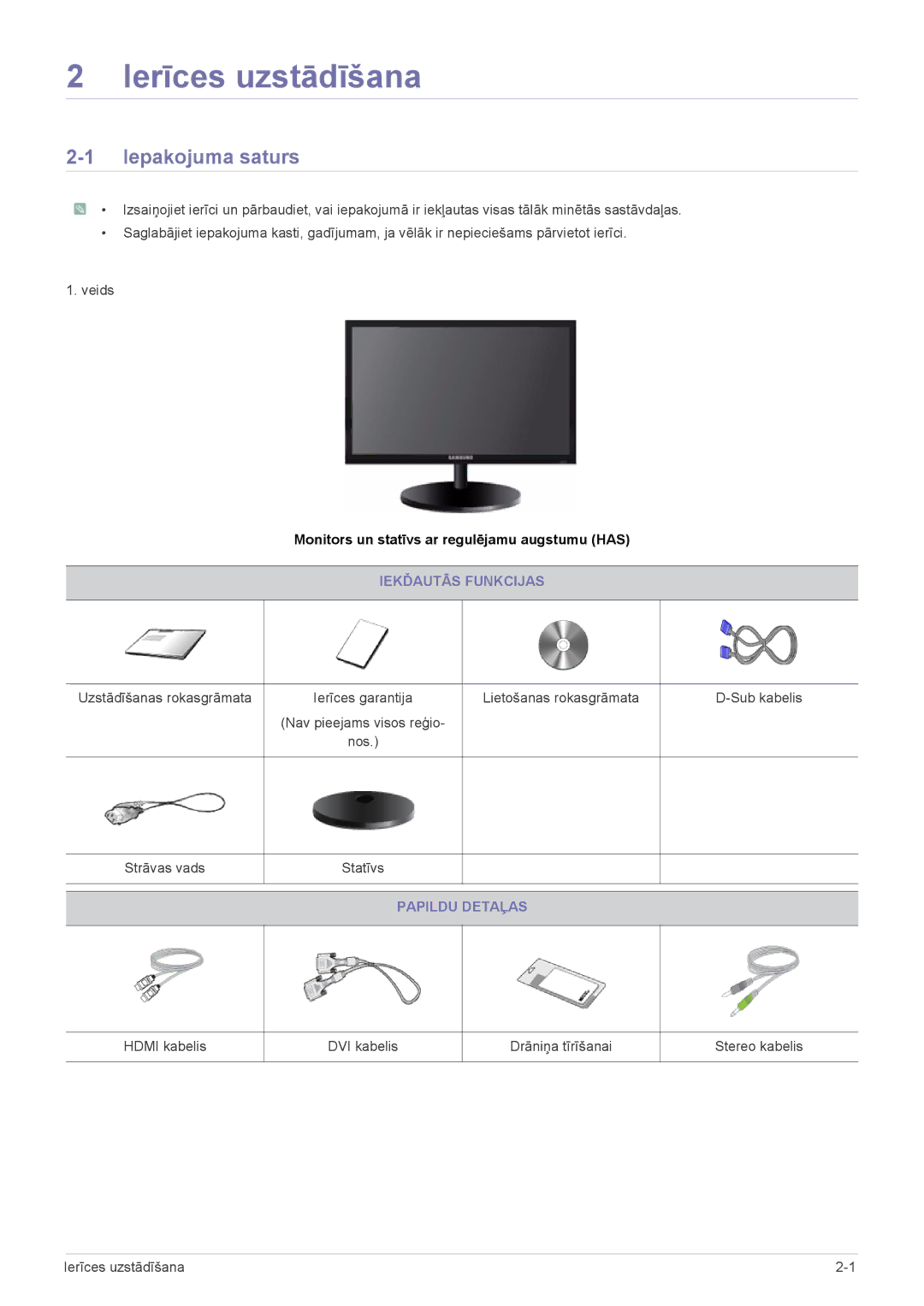 Samsung LS22CLZSB/EN, LS20CLYSB/EN, LS22CBUMBV/EN, LS19CLYSBUEN, LS19CLWSBUEN manual Ierīces uzstādīšana, Iepakojuma saturs 