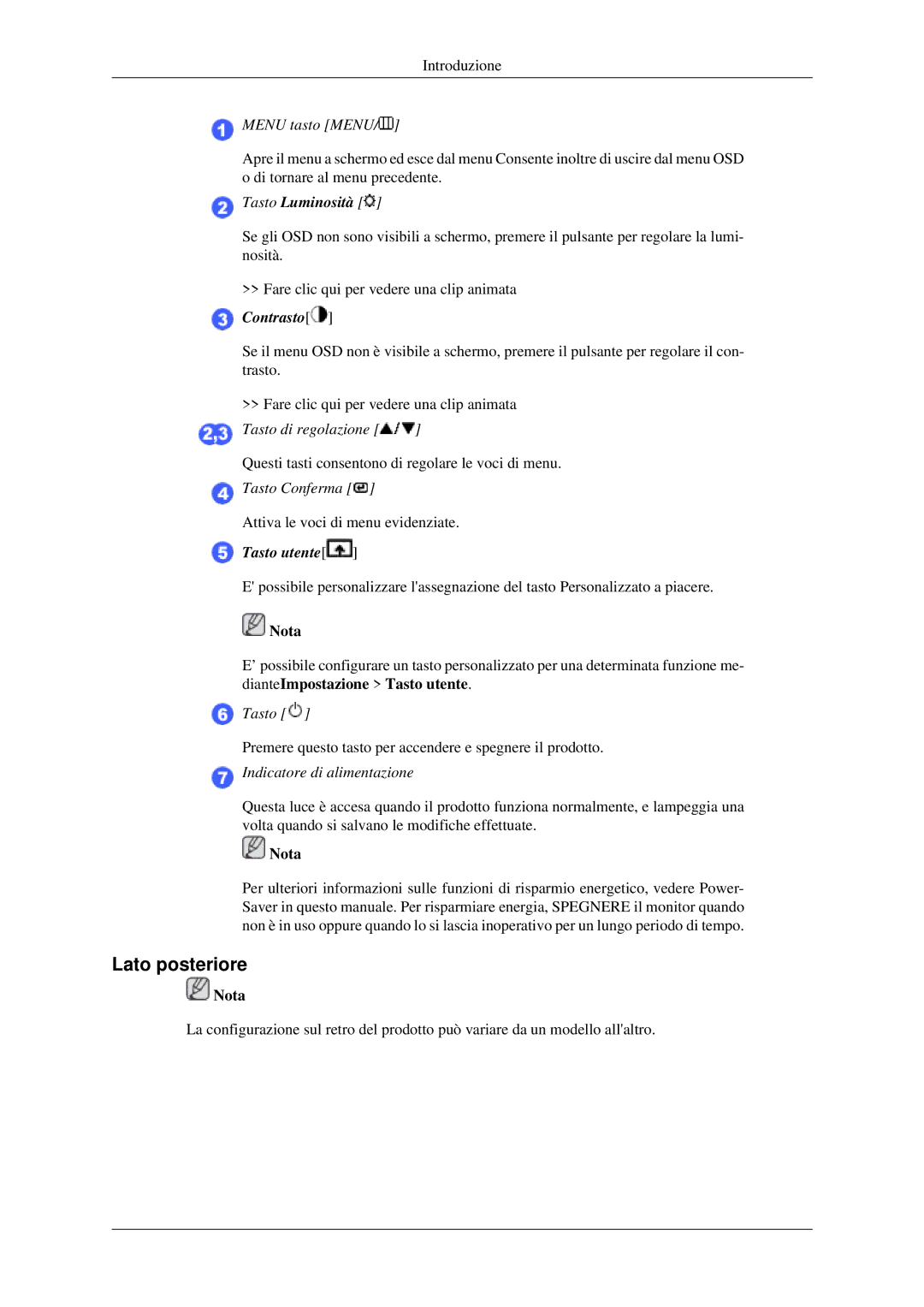 Samsung LS22CMEKFV/EN, LS22CMFKFV/EN manual Lato posteriore, Menu tasto Menu 