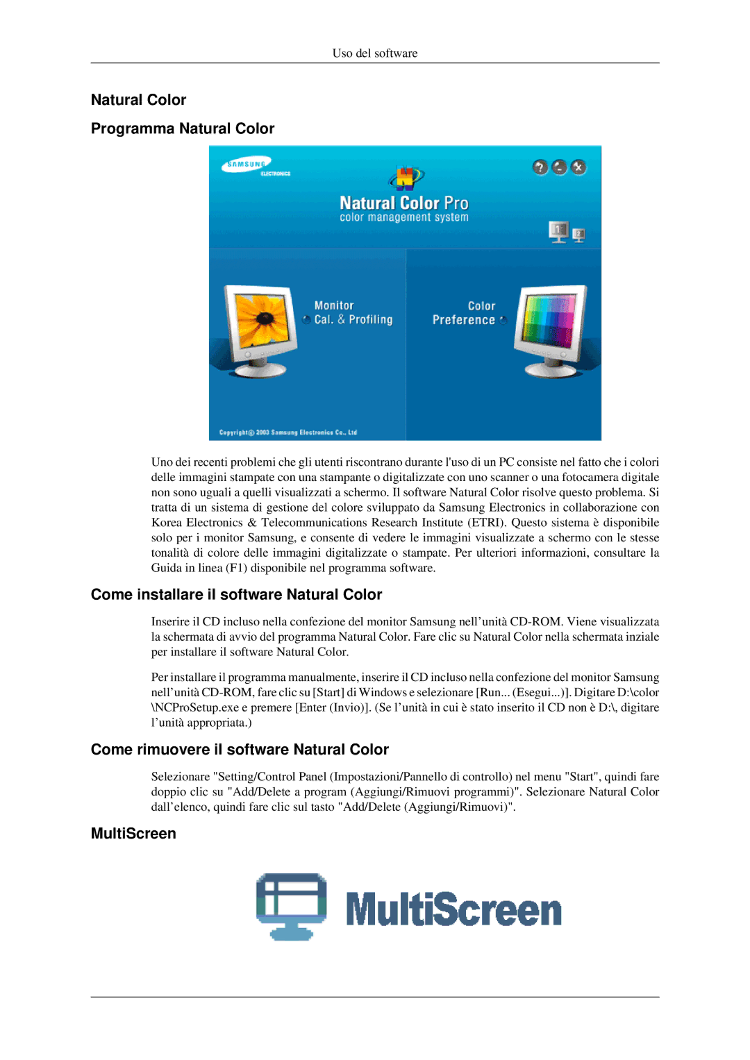 Samsung LS22CMFKFV/EN manual Natural Color Programma Natural Color, Come installare il software Natural Color, MultiScreen 