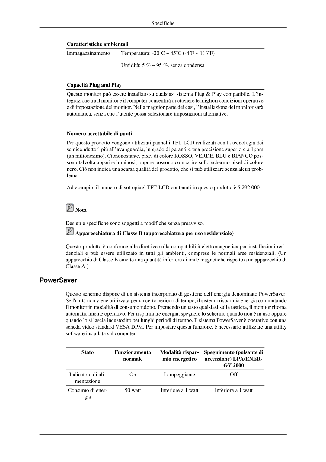 Samsung LS22CMEKFV/EN, LS22CMFKFV/EN manual PowerSaver, Capacità Plug and Play, Numero accettabile di punti 