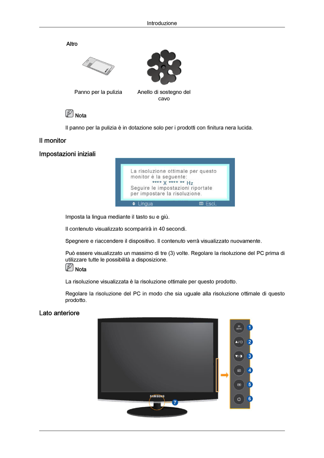 Samsung LS22CMFKFV/EN, LS22CMEKFV/EN manual Il monitor Impostazioni iniziali, Lato anteriore 