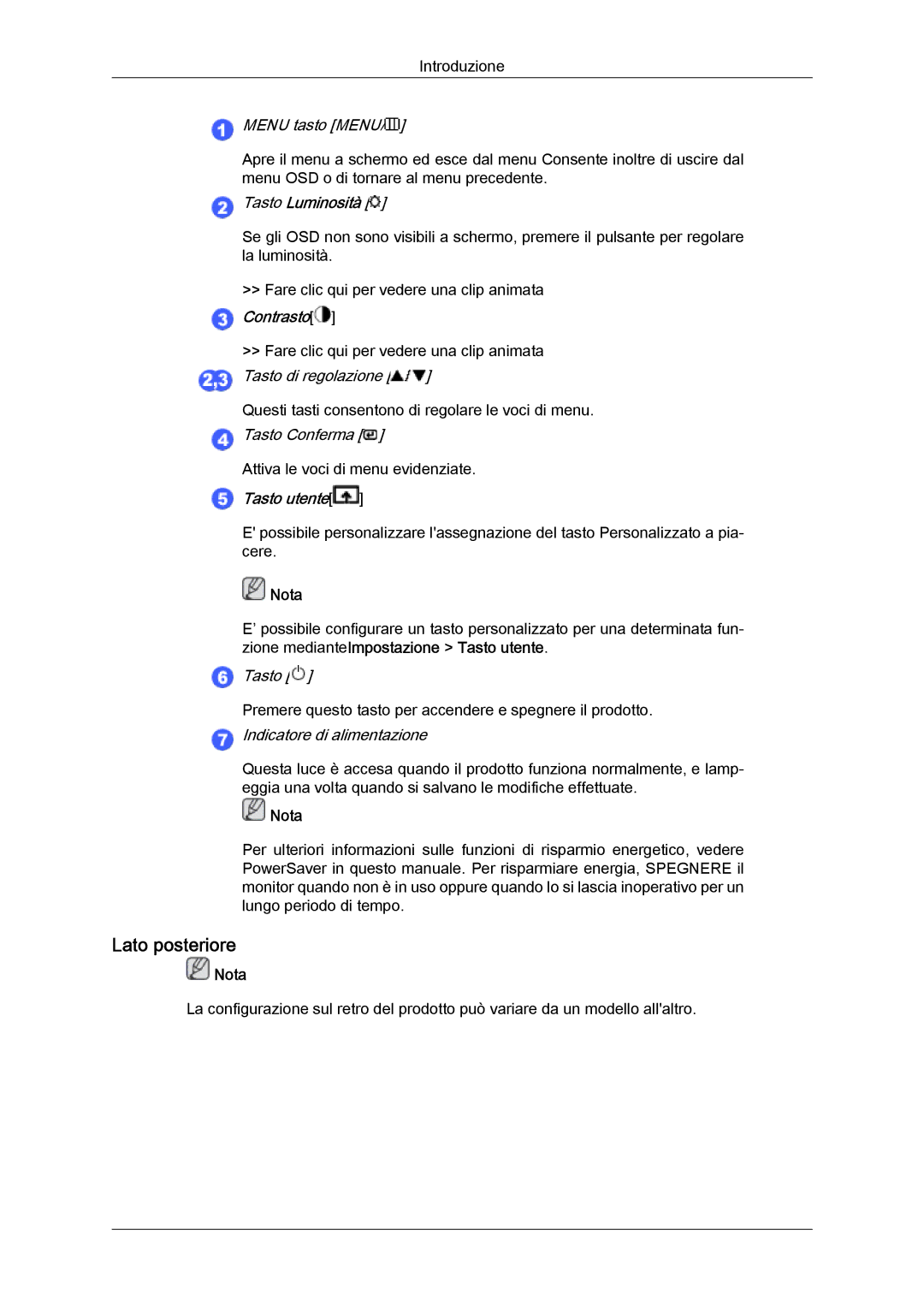 Samsung LS22CMEKFV/EN, LS22CMFKFV/EN manual Lato posteriore, Menu tasto Menu, Tasto Conferma, Indicatore di alimentazione 