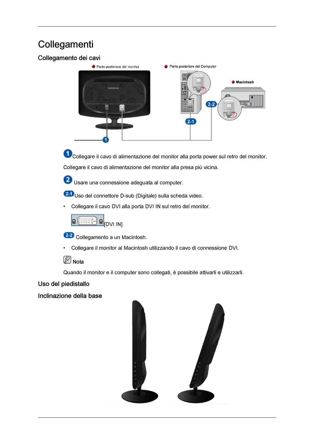 Samsung LS22CMFKFV/EN, LS22CMEKFV/EN manual Collegamenti, Collegamento dei cavi, Uso del piedistallo Inclinazione della base 