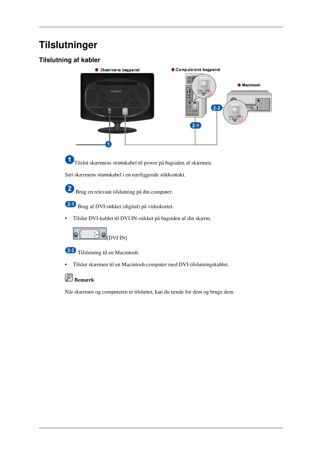 Samsung LS22CMEKFV/EN, LS22CMFKFV/EN manual Tilslutninger, Tilslutning af kabler 