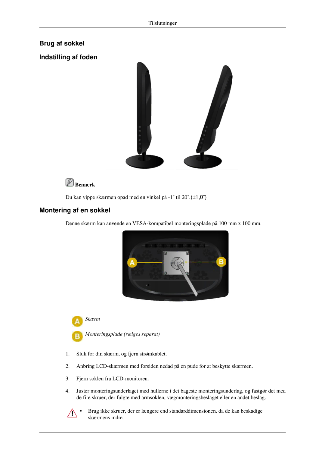 Samsung LS22CMFKFV/EN, LS22CMEKFV/EN manual Brug af sokkel Indstilling af foden, Montering af en sokkel 