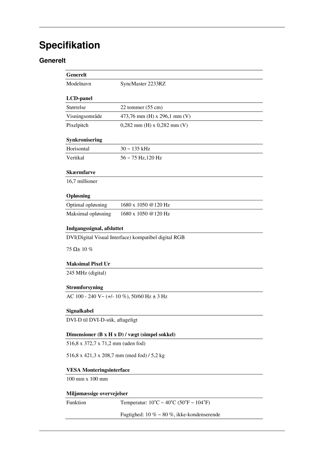 Samsung LS22CMEKFV/EN, LS22CMFKFV/EN manual Specifikation, Generelt 