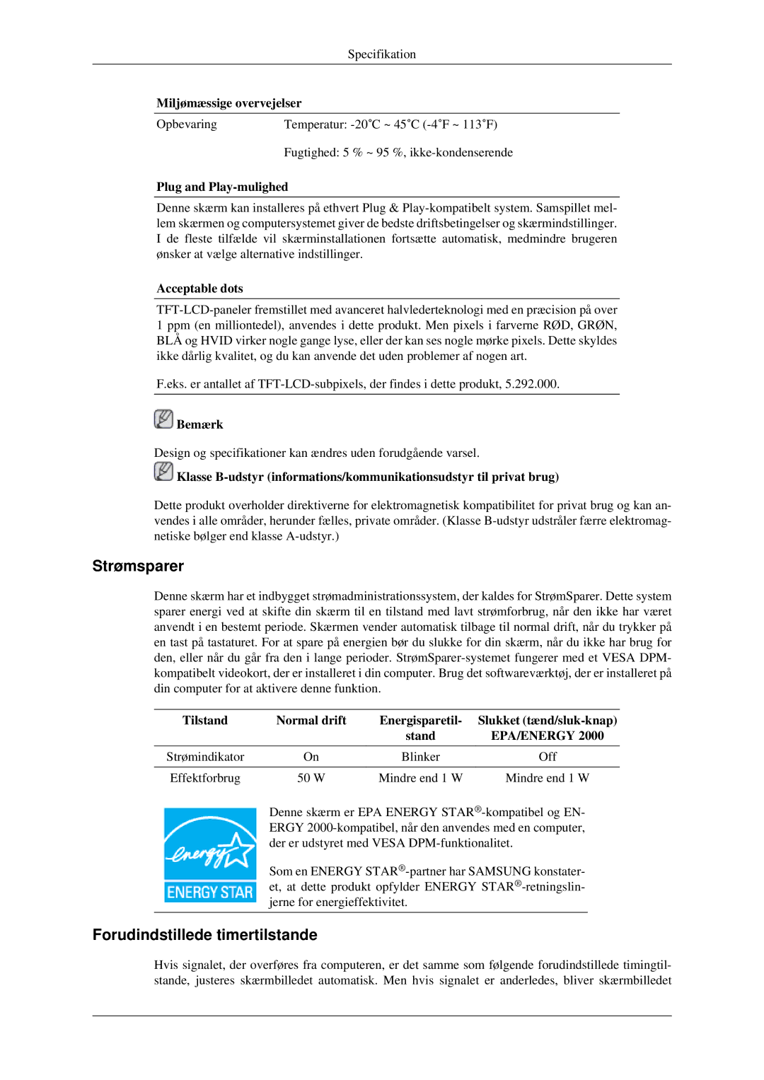 Samsung LS22CMFKFV/EN, LS22CMEKFV/EN Strømsparer, Forudindstillede timertilstande, Plug and Play-mulighed, Acceptable dots 