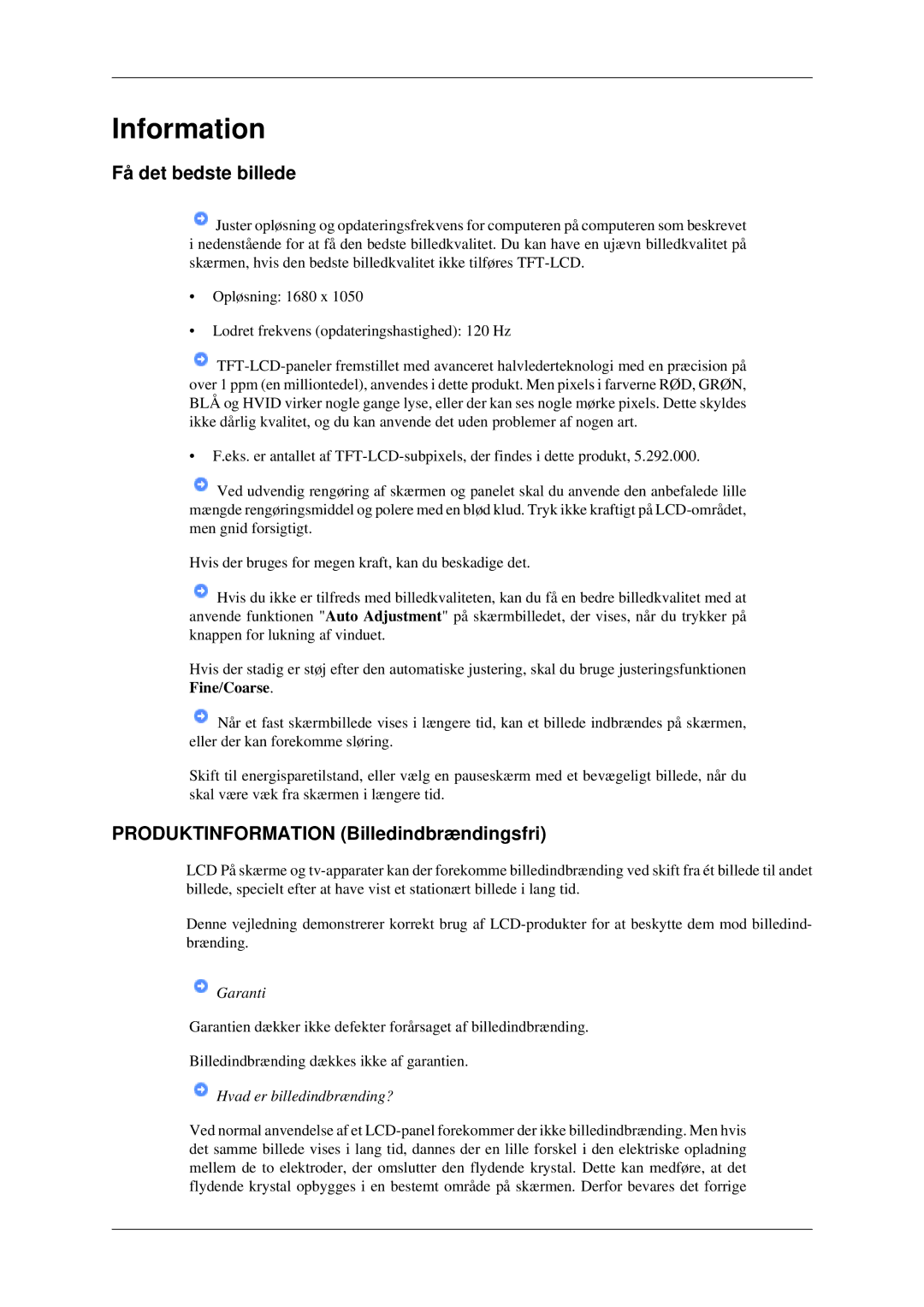 Samsung LS22CMFKFV/EN, LS22CMEKFV/EN manual Information, Få det bedste billede, Produktinformation Billedindbrændingsfri 