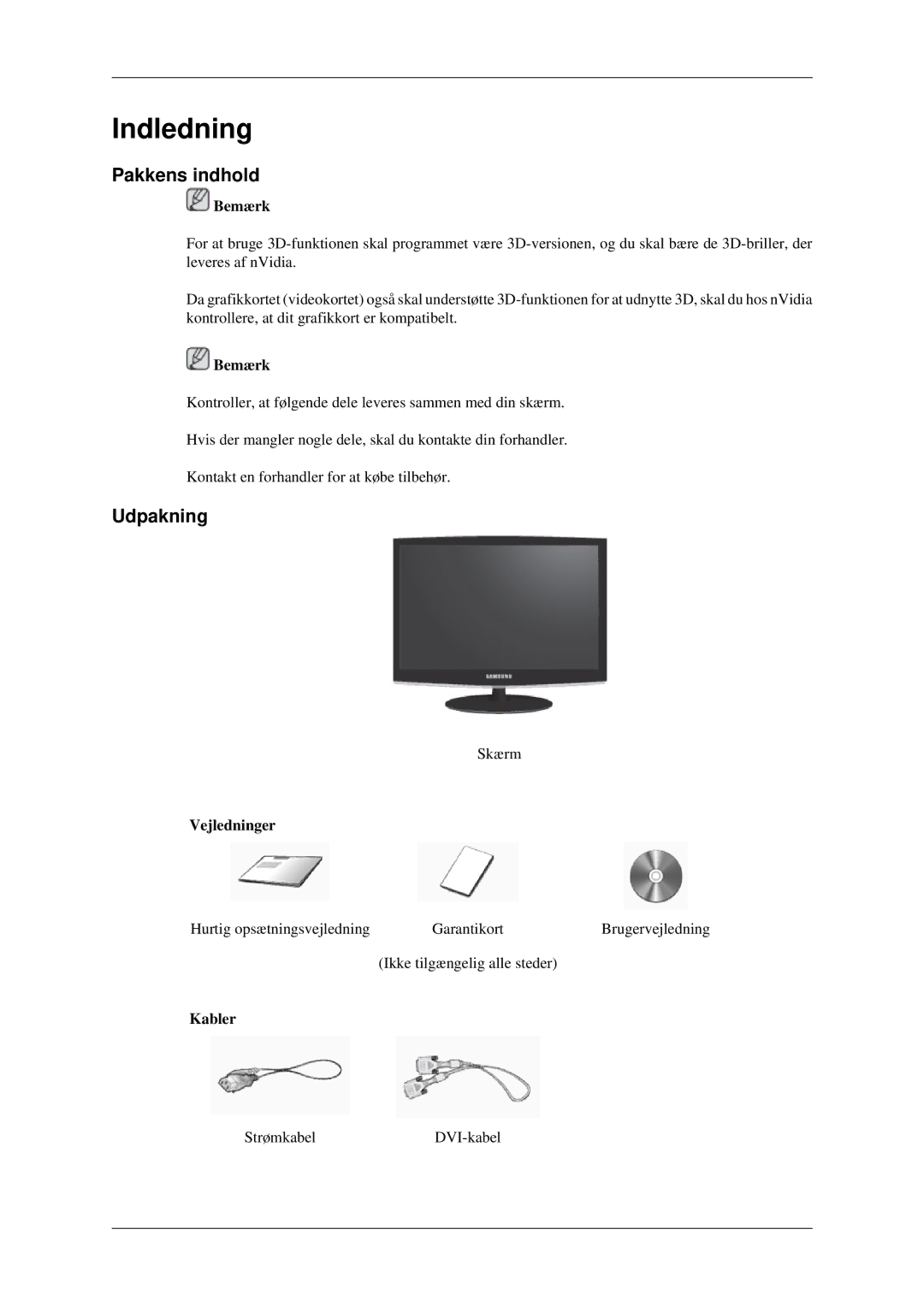 Samsung LS22CMFKFV/EN, LS22CMEKFV/EN manual Indledning, Pakkens indhold, Udpakning, Vejledninger, Kabler 