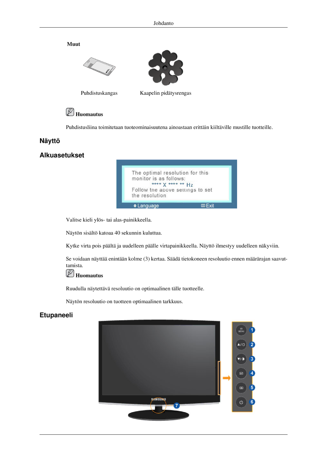 Samsung LS22CMFKFV/EN, LS22CMEKFV/EN manual Näyttö Alkuasetukset, Etupaneeli, Muut 