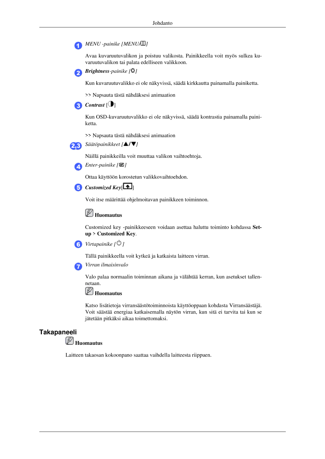 Samsung LS22CMEKFV/EN, LS22CMFKFV/EN manual Takapaneeli, Menu -painike Menu 