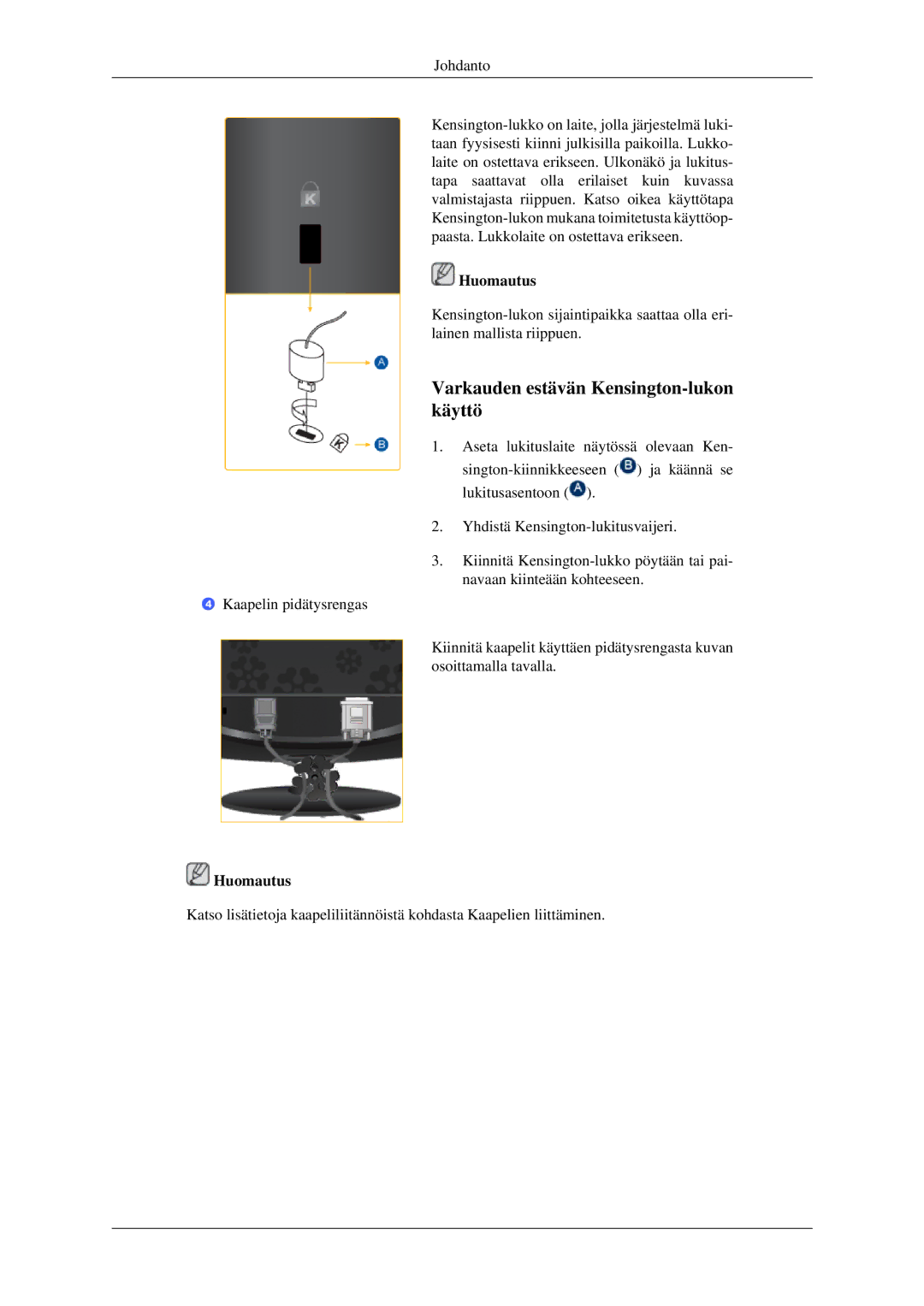 Samsung LS22CMEKFV/EN, LS22CMFKFV/EN manual Varkauden estävän Kensington-lukon käyttö 