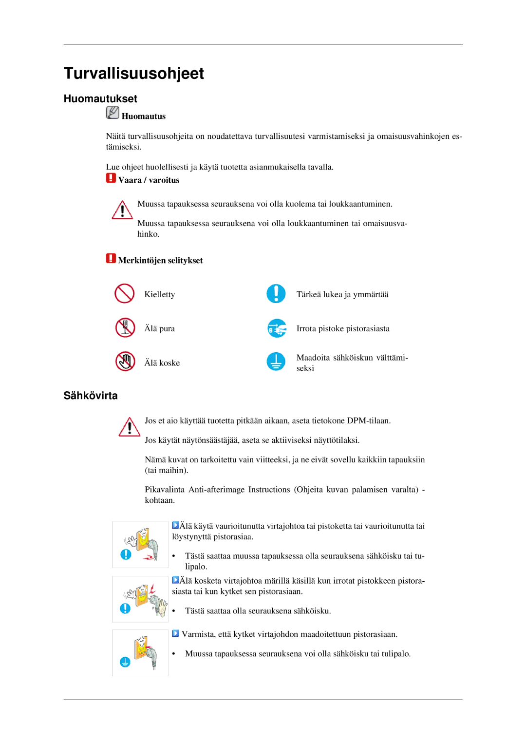 Samsung LS22CMEKFV/EN, LS22CMFKFV/EN manual Turvallisuusohjeet, Huomautukset, Sähkövirta 