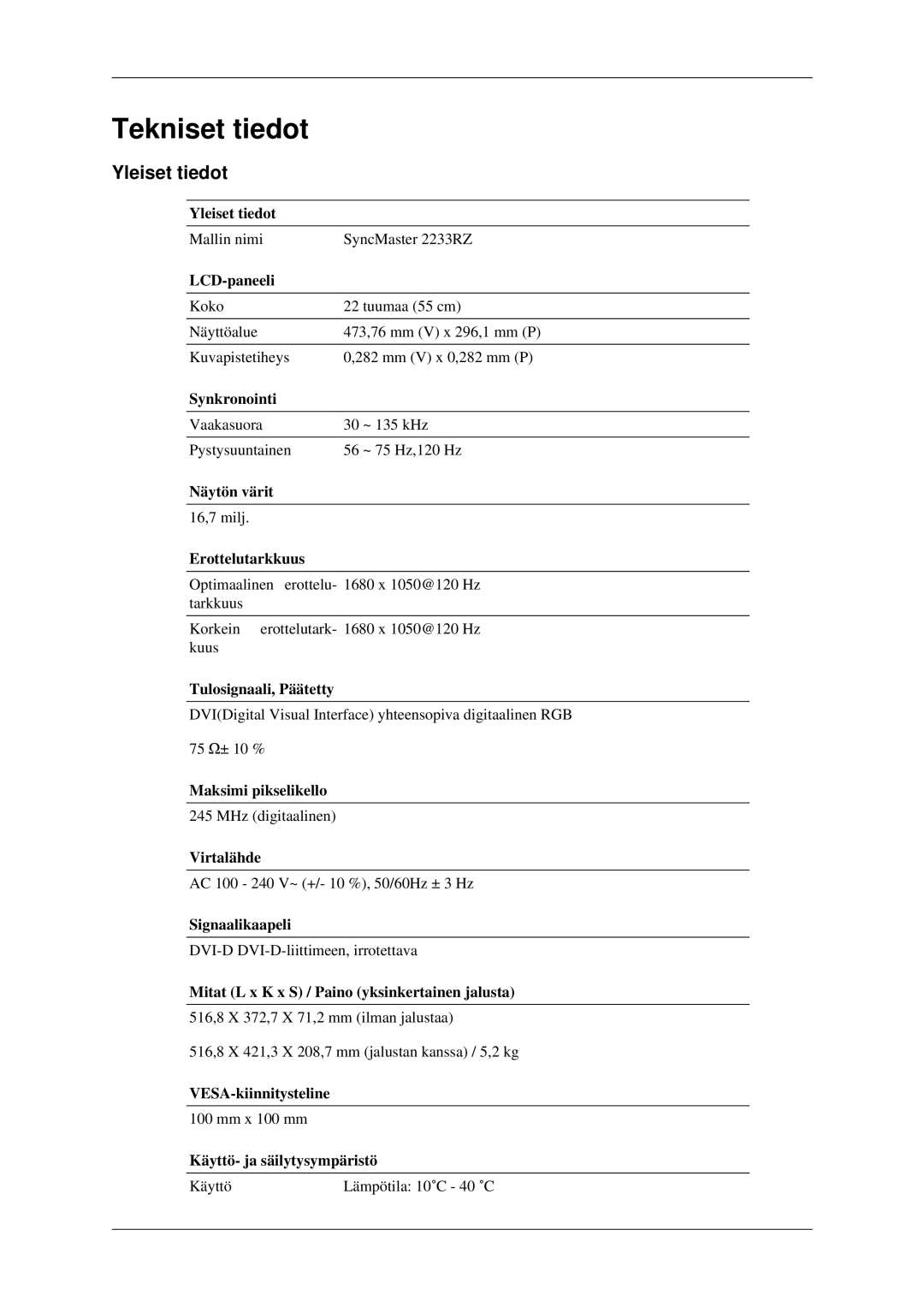 Samsung LS22CMFKFV/EN, LS22CMEKFV/EN manual Tekniset tiedot, Yleiset tiedot 