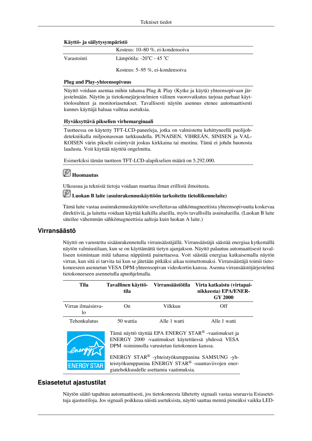 Samsung LS22CMEKFV/EN, LS22CMFKFV/EN manual Virransäästö, Esiasetetut ajastustilat, Plug and Play-yhteensopivuus 