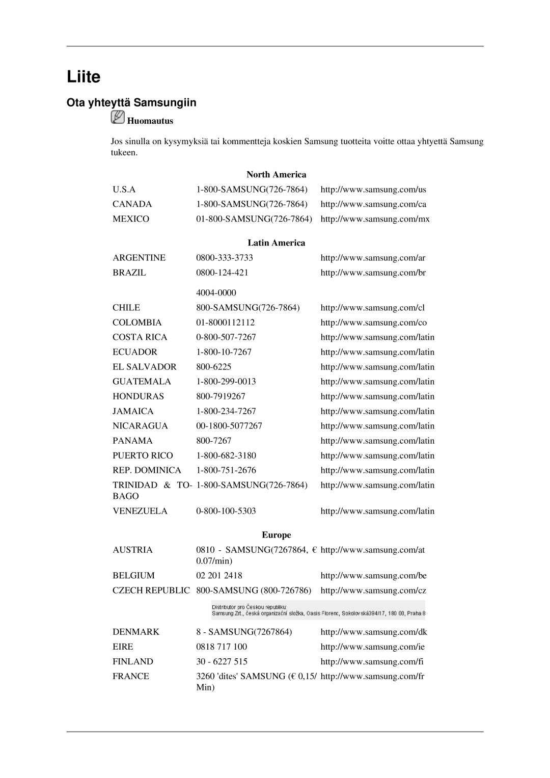 Samsung LS22CMEKFV/EN, LS22CMFKFV/EN manual Liite, Ota yhteyttä Samsungiin, North America, Latin America, Europe 