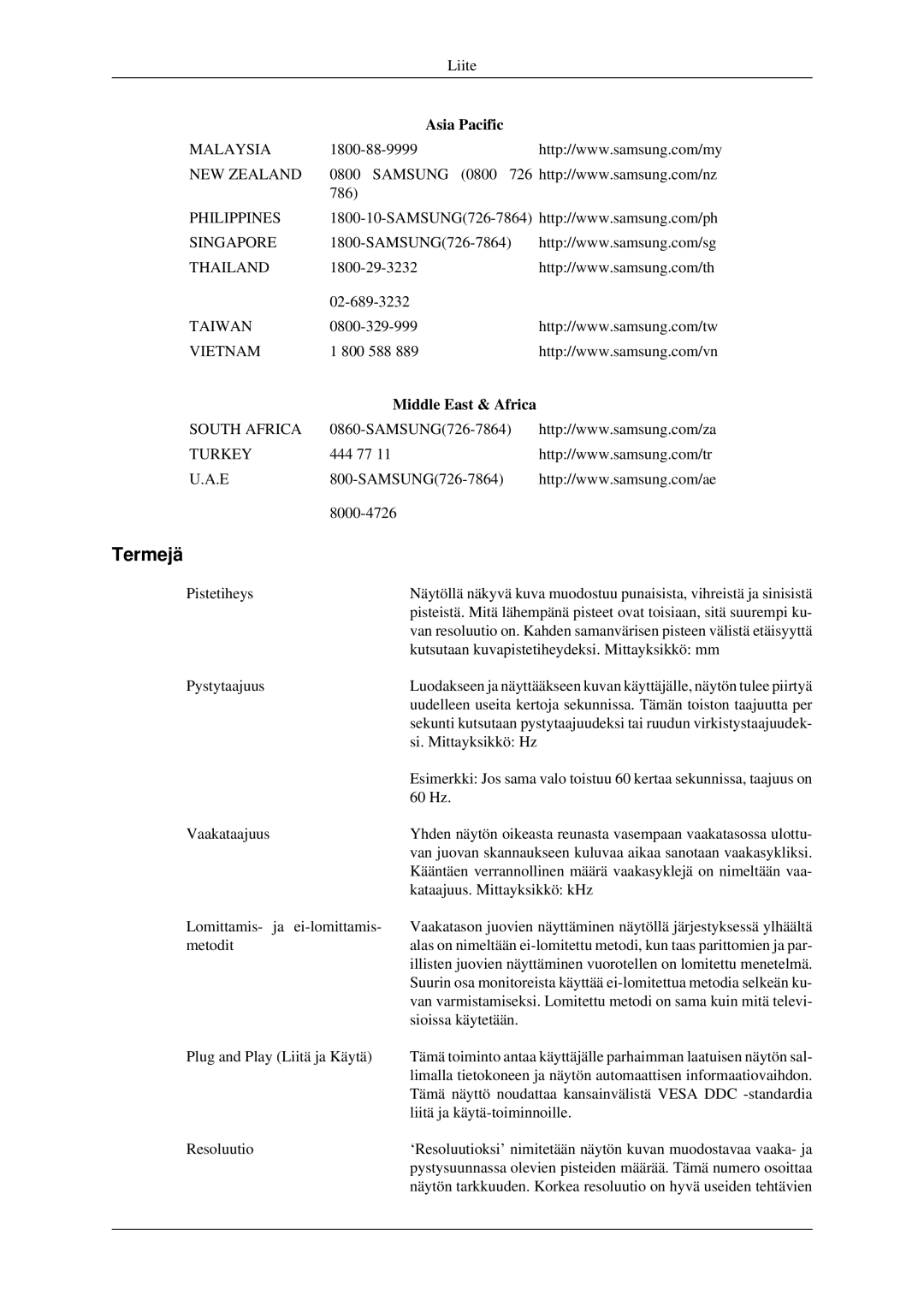 Samsung LS22CMEKFV/EN, LS22CMFKFV/EN manual Termejä, Middle East & Africa 