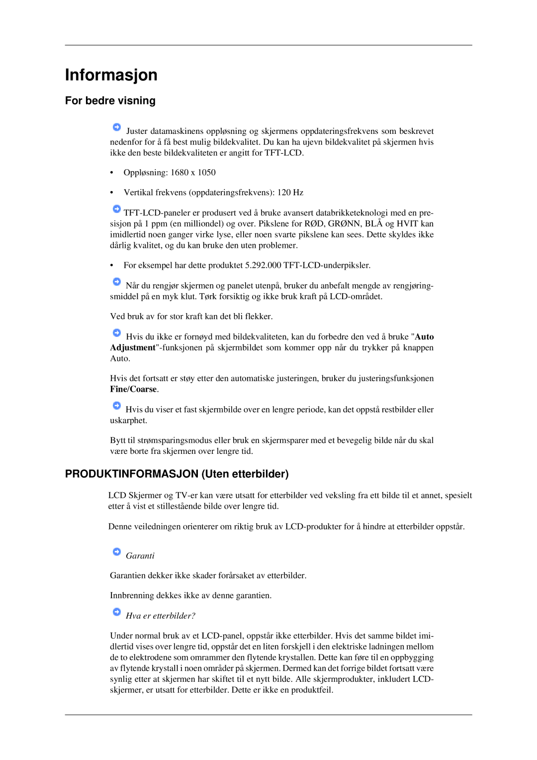 Samsung LS22CMEKFV/EN, LS22CMFKFV/EN manual Informasjon, For bedre visning, Produktinformasjon Uten etterbilder 