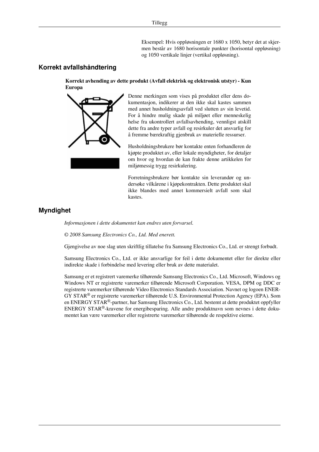 Samsung LS22CMFKFV/EN, LS22CMEKFV/EN manual Korrekt avfallshåndtering, Myndighet 