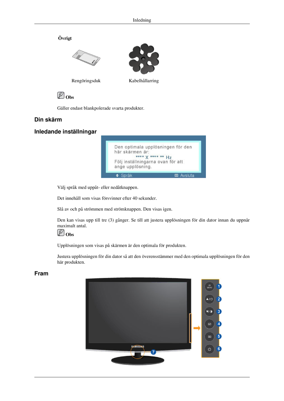 Samsung LS22CMEKFV/EN, LS22CMFKFV/EN manual Din skärm Inledande inställningar, Fram, Övrigt 