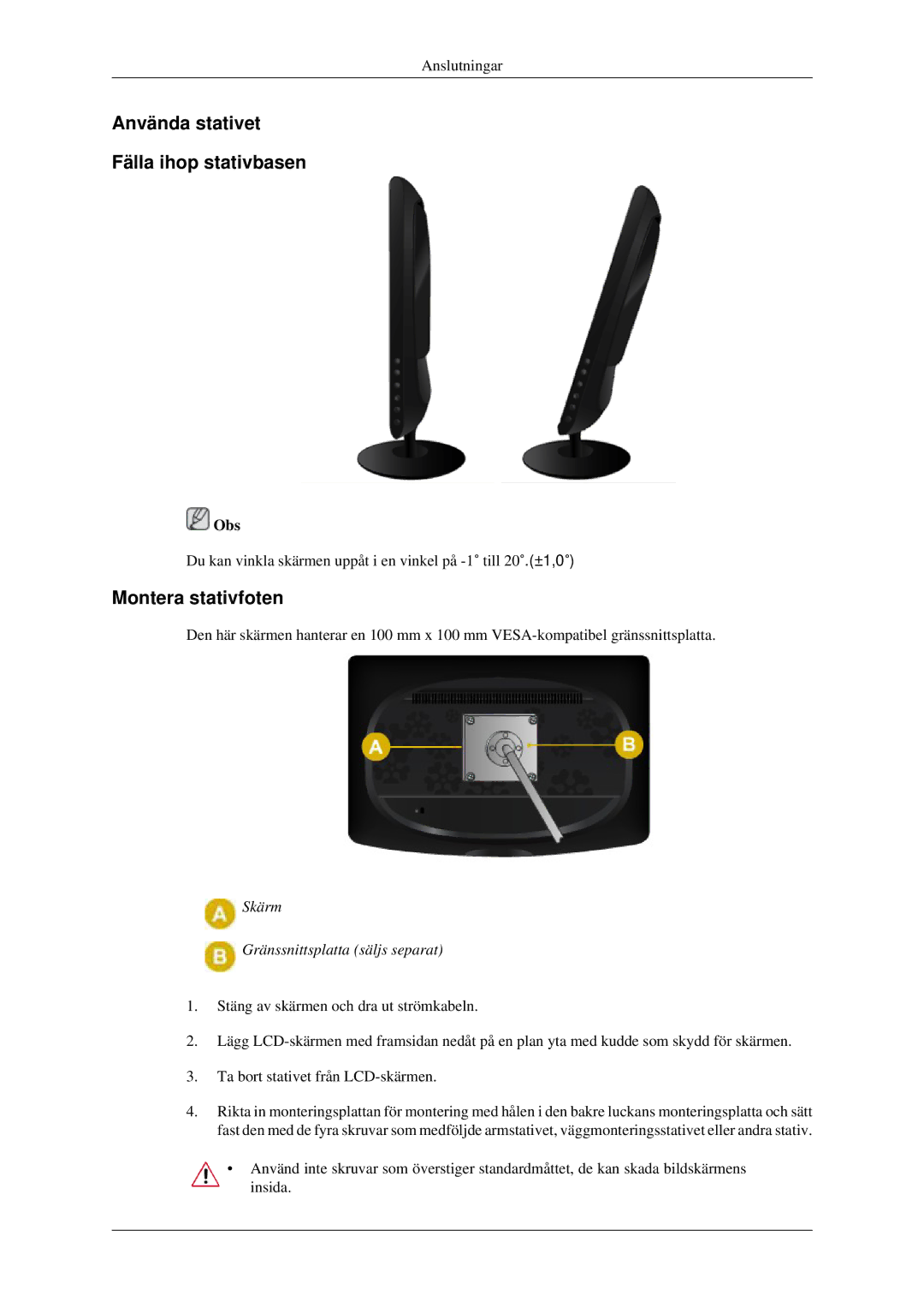 Samsung LS22CMFKFV/EN, LS22CMEKFV/EN manual Använda stativet Fälla ihop stativbasen, Montera stativfoten 