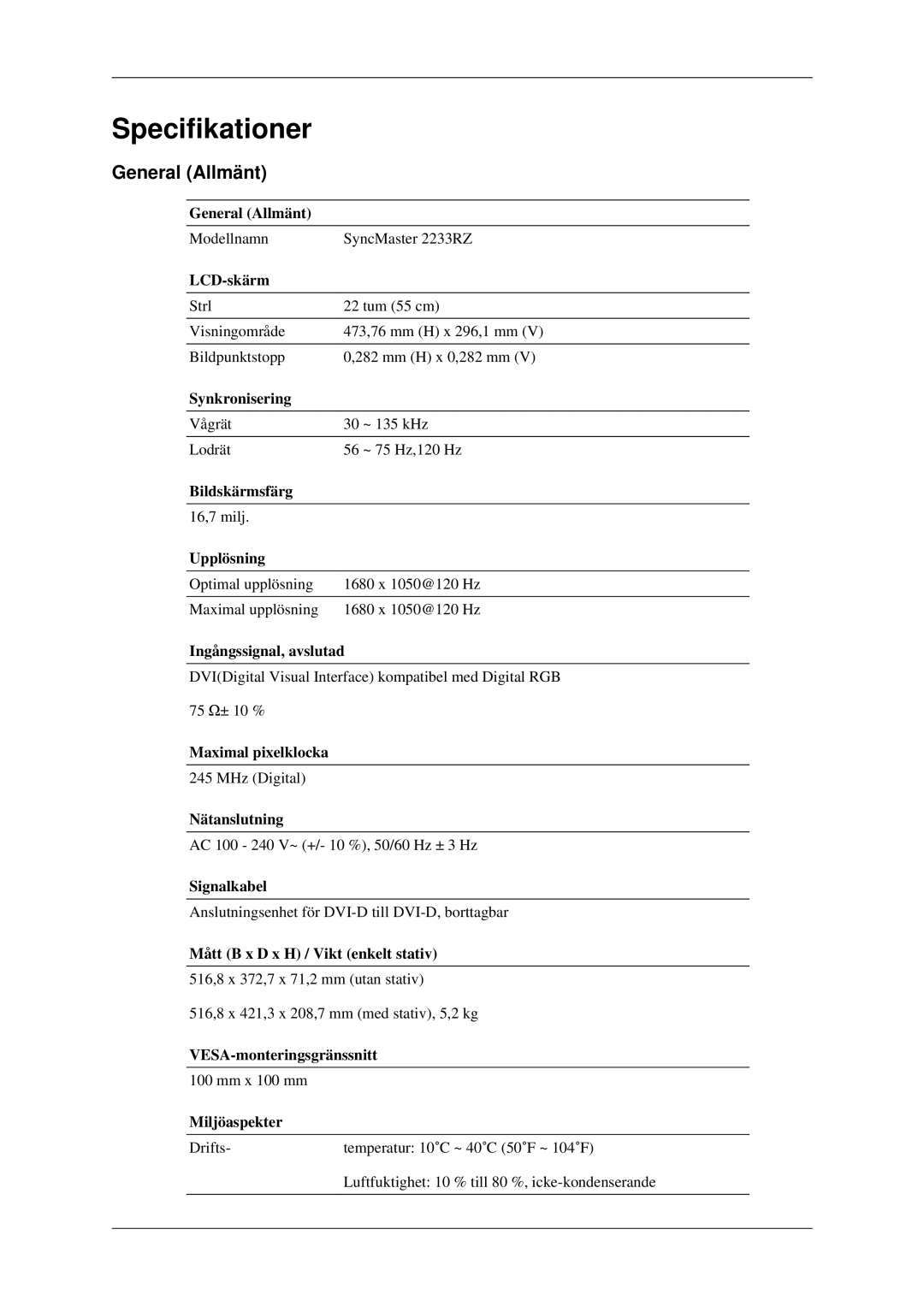 Samsung LS22CMEKFV/EN, LS22CMFKFV/EN manual Specifikationer, General Allmänt 