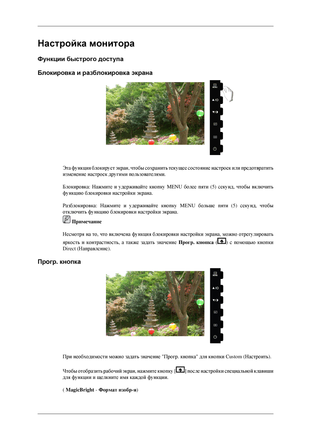 Samsung LS22CMFKFV/EN manual Настройка монитора, Функции быстрого доступа Блокировка и разблокировка экрана, Прoгр. кнопка 