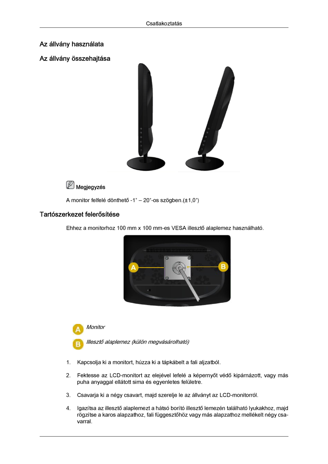 Samsung LS22CMEKFV/EN, LS22CMFKFV/EN manual Az állvány használata Az állvány összehajtása, Tartószerkezet felerősítése 