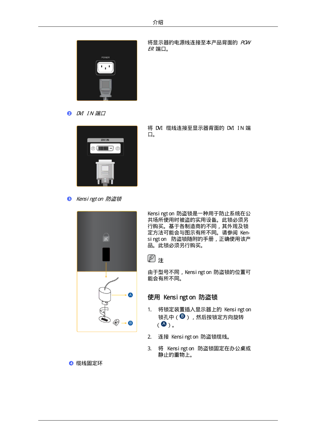 Samsung LS22CMFKFV/EN, LS22CMEKFV/EN manual 使用 Kensington 防盗锁, DVI in 端口 