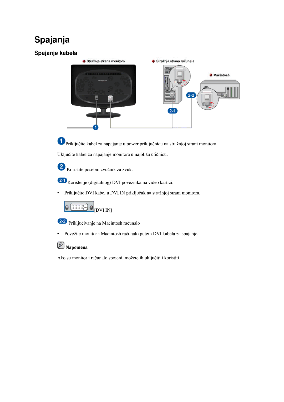 Samsung LS22CMEKFV/EN, LS22CMFKFV/EN manual Spajanja, Spajanje kabela 