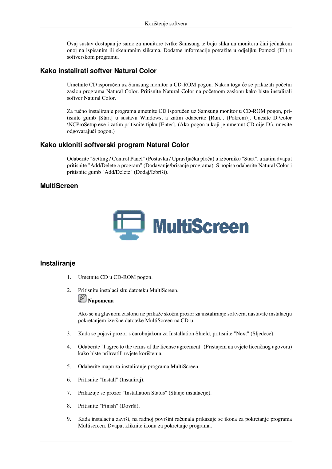 Samsung LS22CMEKFV/EN manual Kako instalirati softver Natural Color, Kako ukloniti softverski program Natural Color 