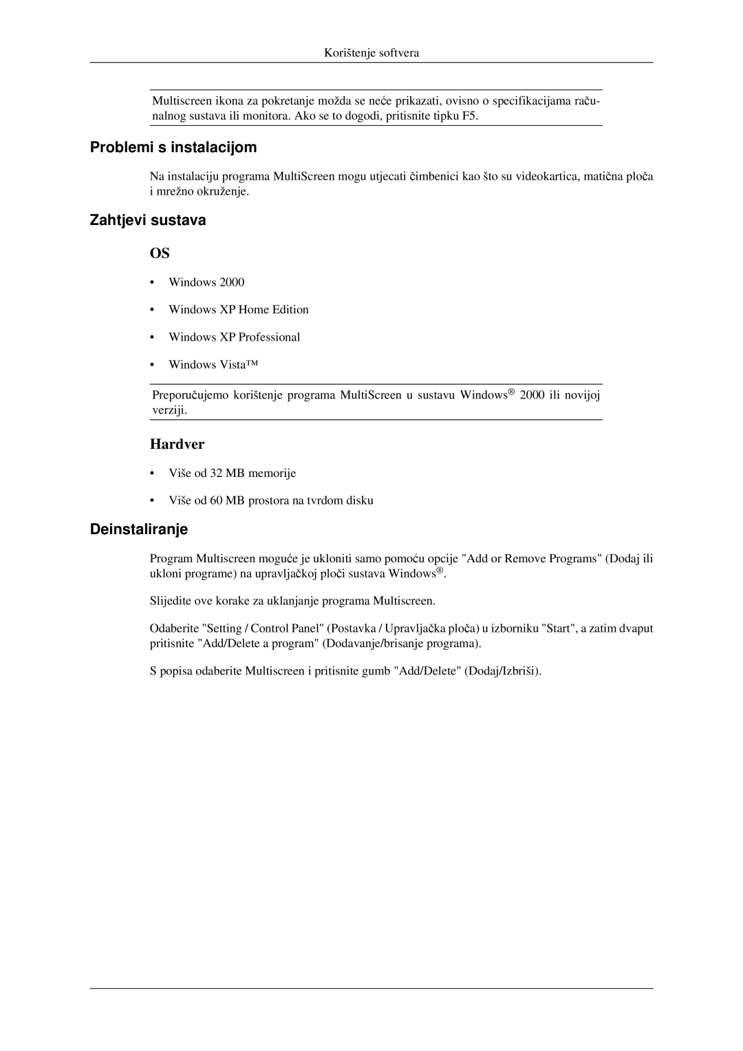 Samsung LS22CMFKFV/EN, LS22CMEKFV/EN manual Problemi s instalacijom, Zahtjevi sustava, Deinstaliranje 