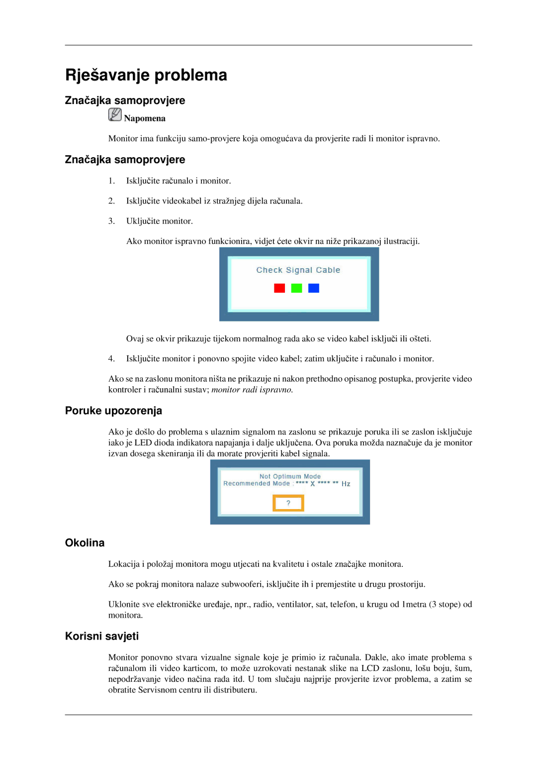 Samsung LS22CMFKFV/EN manual Rješavanje problema, Značajka samoprovjere, Poruke upozorenja, Okolina, Korisni savjeti 