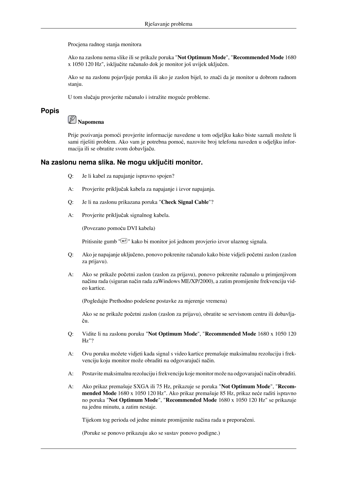 Samsung LS22CMEKFV/EN, LS22CMFKFV/EN manual Popis, Na zaslonu nema slika. Ne mogu uključiti monitor 