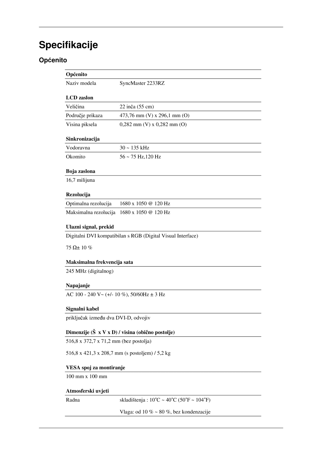 Samsung LS22CMEKFV/EN, LS22CMFKFV/EN manual Specifikacije, Općenito 