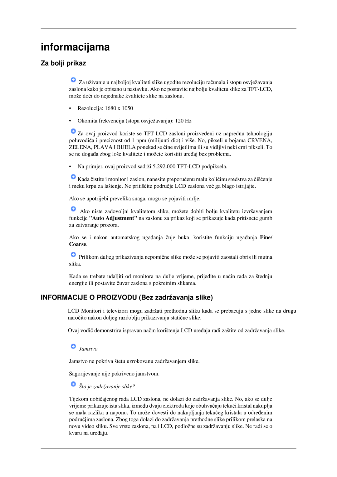 Samsung LS22CMFKFV/EN, LS22CMEKFV/EN manual Informacijama, Za bolji prikaz, Informacije O Proizvodu Bez zadržavanja slike 