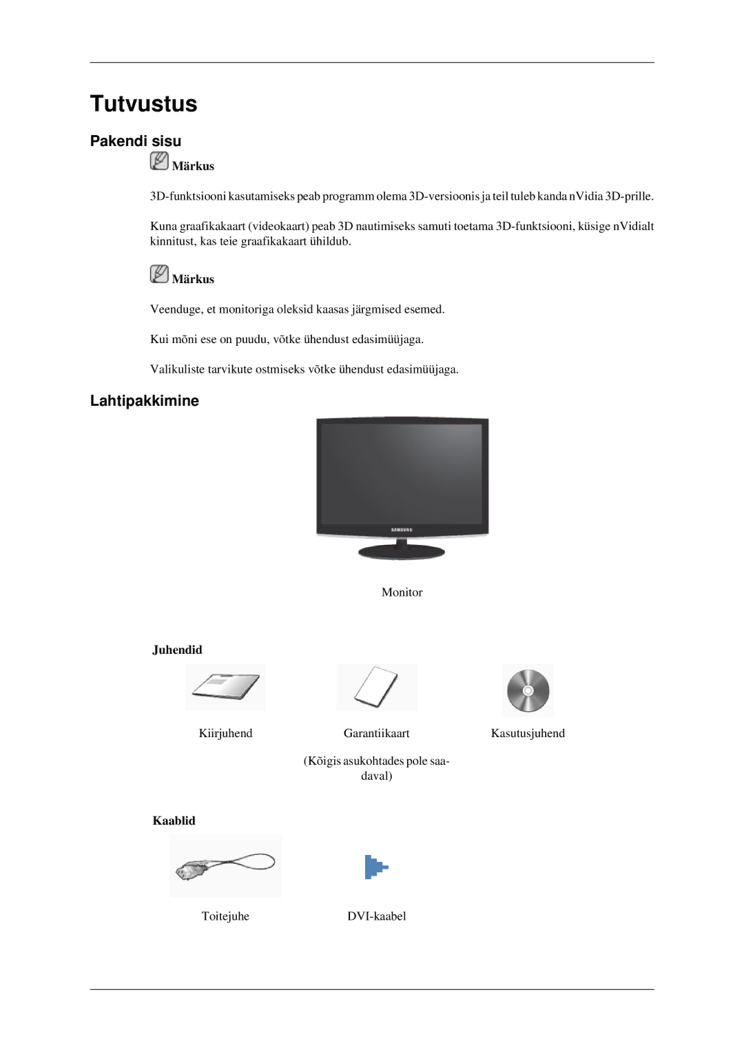 Samsung LS22CMFKFV/EN manual Tutvustus, Pakendi sisu, Lahtipakkimine, Juhendid, Kaablid 