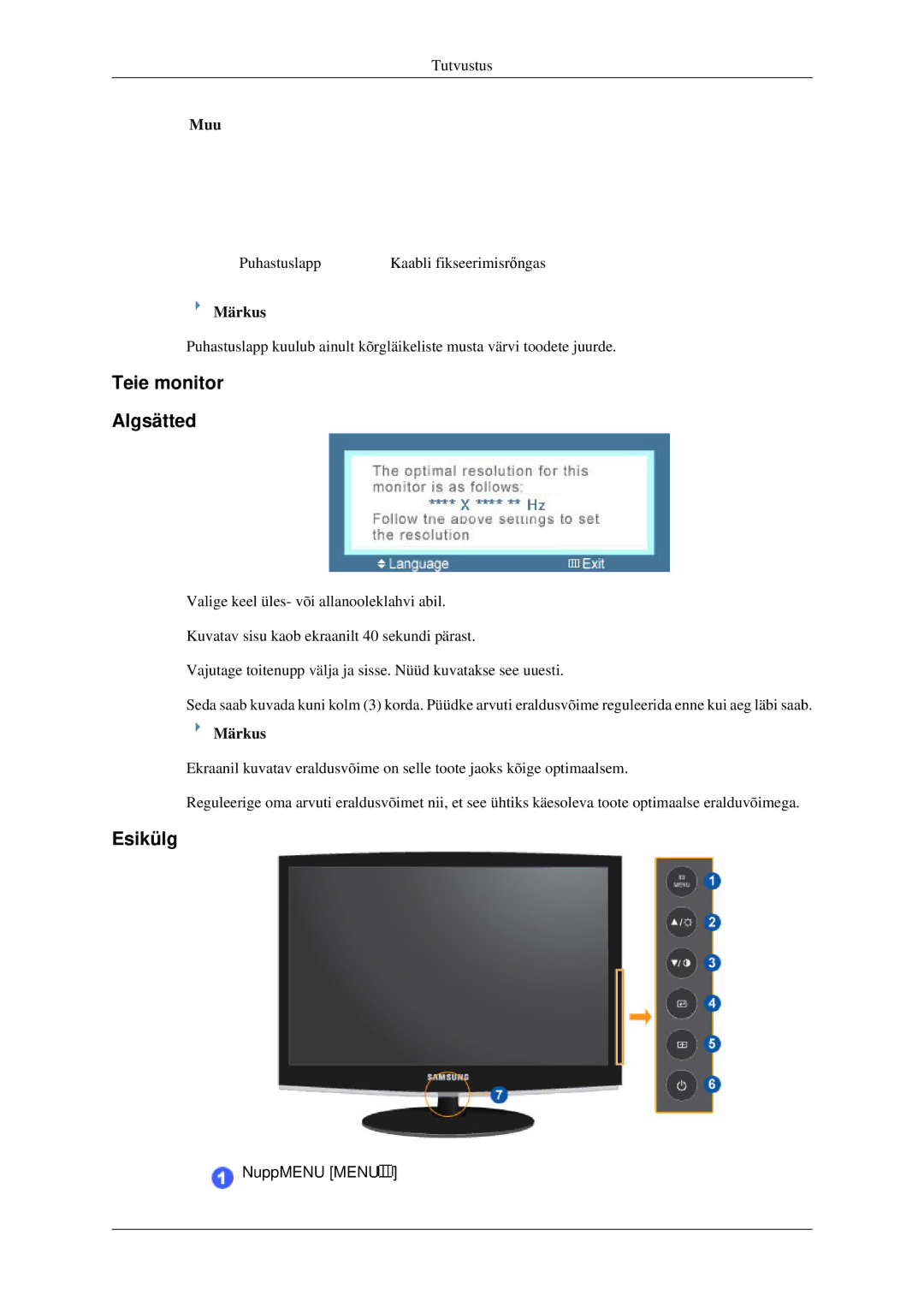 Samsung LS22CMFKFV/EN manual Teie monitor Algsätted, Esikülg, Muu 