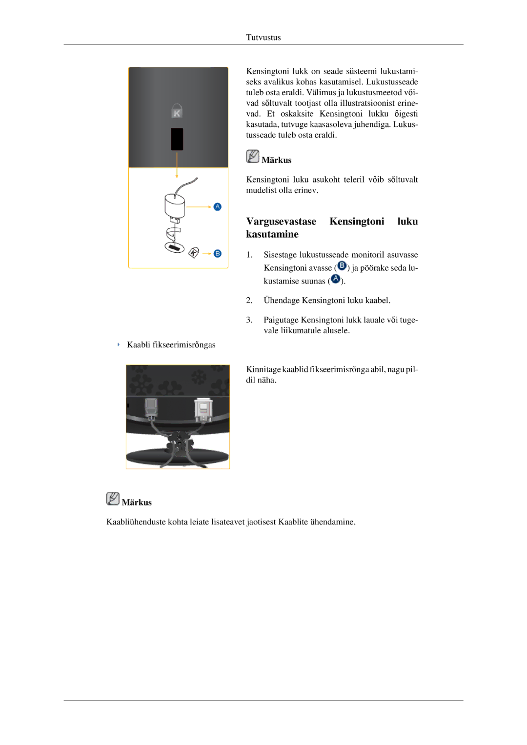 Samsung LS22CMFKFV/EN manual Vargusevastase Kensingtoni luku kasutamine 