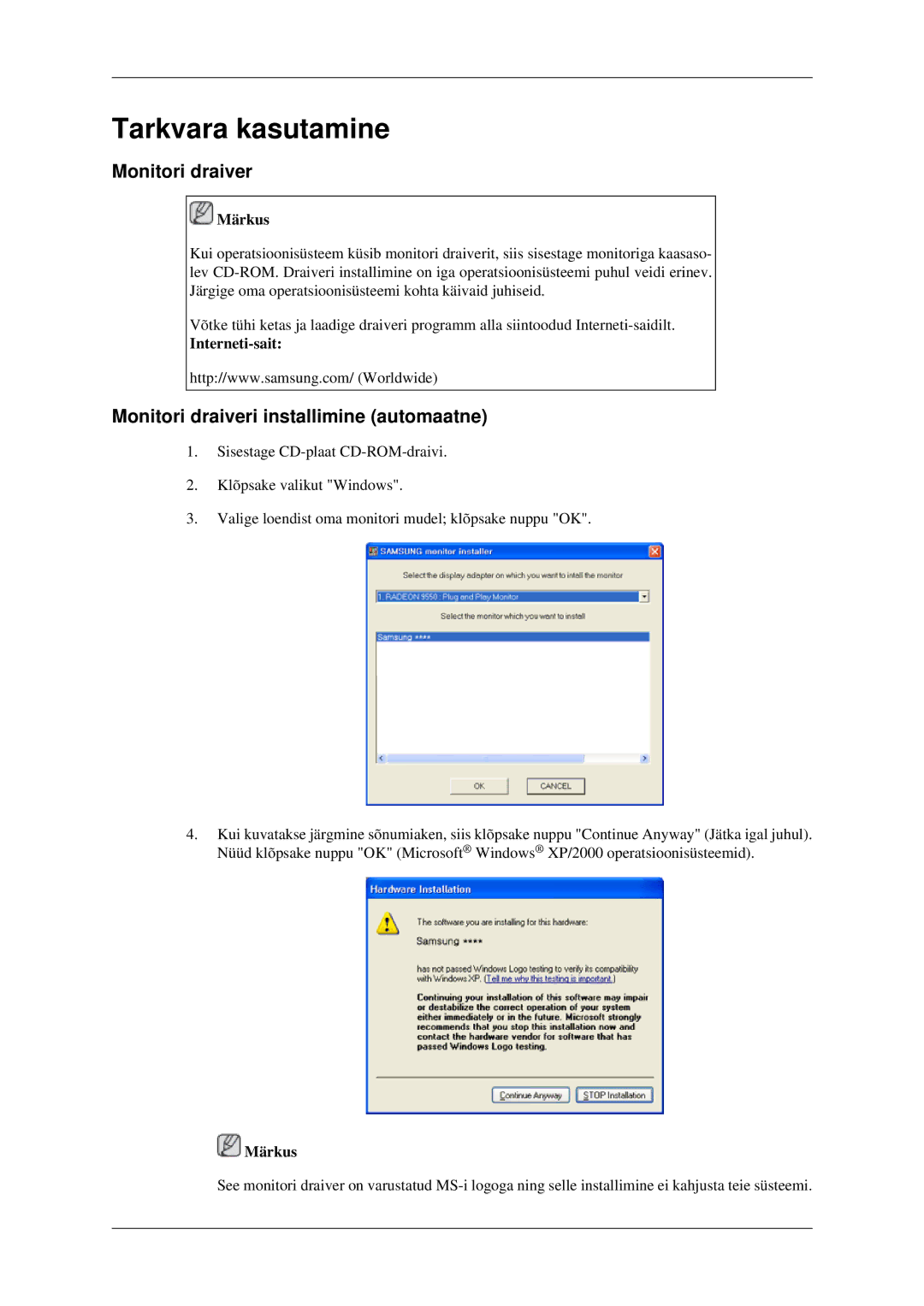 Samsung LS22CMFKFV/EN manual Tarkvara kasutamine, Monitori draiveri installimine automaatne, Interneti-sait 