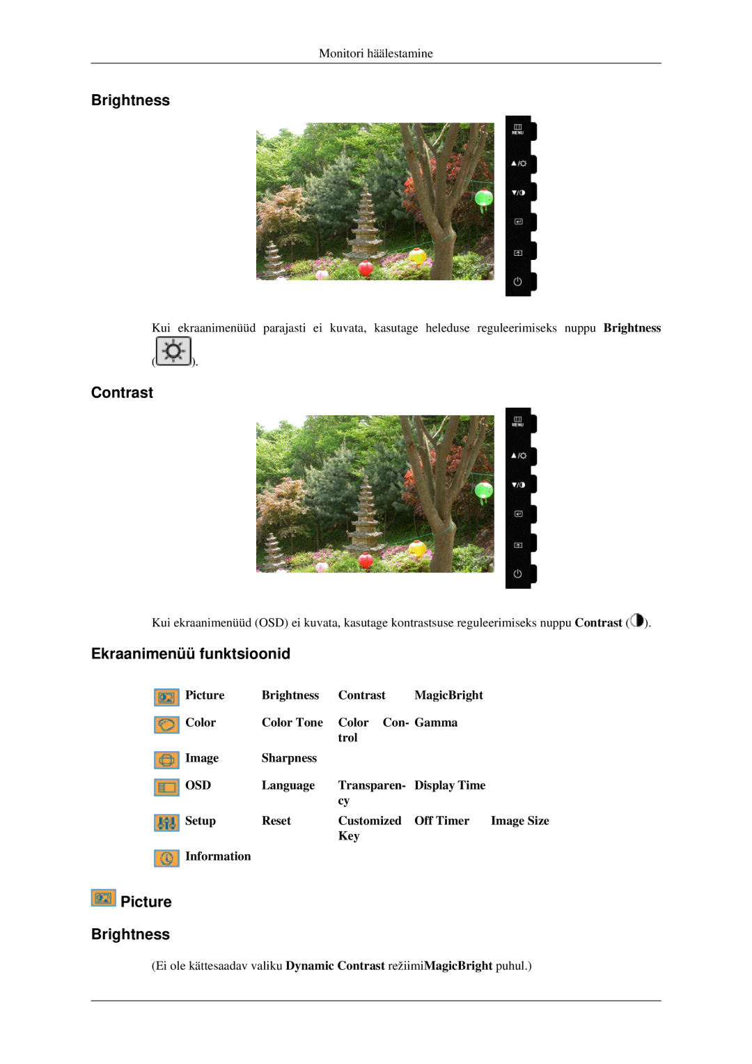 Samsung LS22CMFKFV/EN manual Contrast, Ekraanimenüü funktsioonid, Picture Brightness 