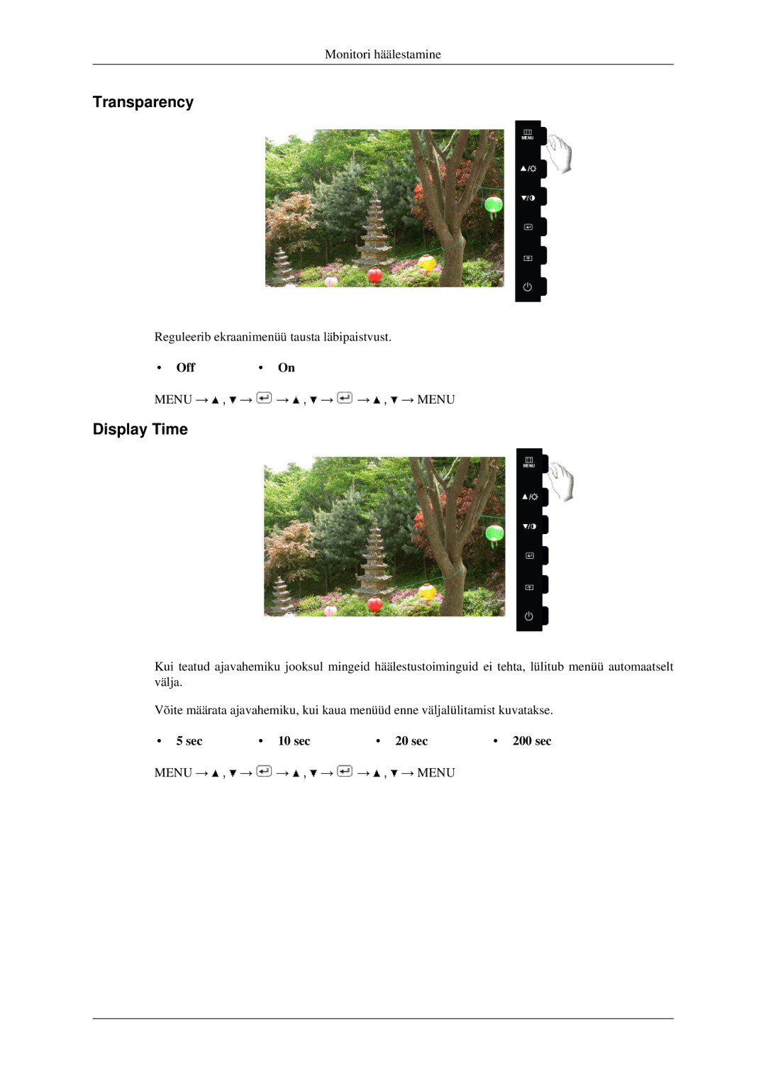 Samsung LS22CMFKFV/EN manual Transparency, Display Time, Off, Sec 10 sec 20 sec 200 sec 