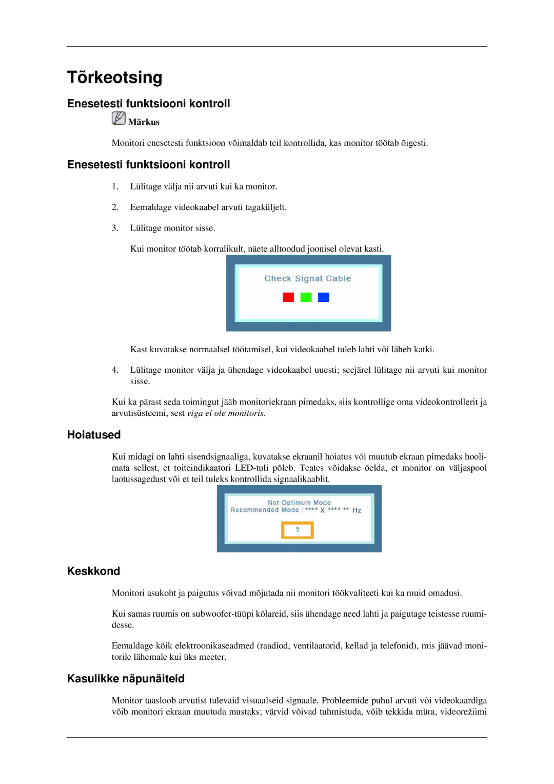 Samsung LS22CMFKFV/EN manual Tõrkeotsing, Enesetesti funktsiooni kontroll, Hoiatused, Keskkond, Kasulikke näpunäiteid 