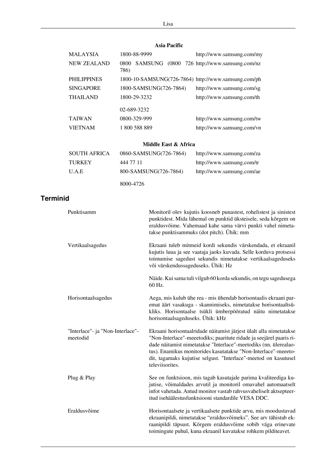 Samsung LS22CMFKFV/EN manual Terminid, Middle East & Africa 