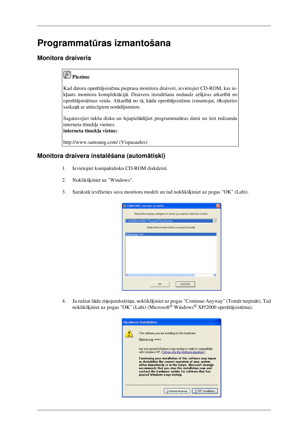 Samsung LS22CMFKFV/EN manual Programmatūras izmantošana, Monitora draiveris, Monitora draivera instalēšana automātiski 