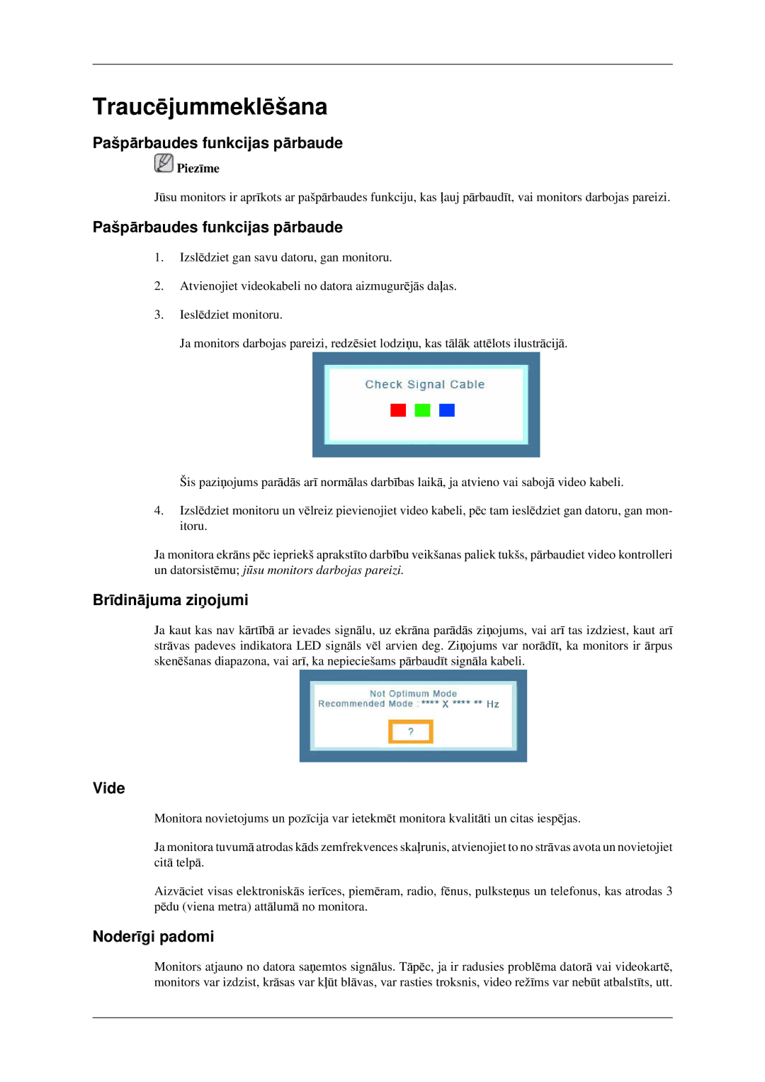 Samsung LS22CMFKFV/EN Traucējummeklēšana, Pašpārbaudes funkcijas pārbaude, Brīdinājuma ziņojumi, Vide, Noderīgi padomi 