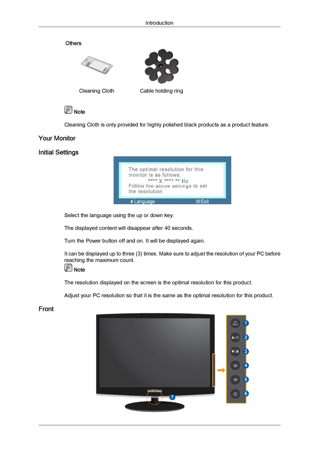 Samsung LS22CMEKFV/EN, LS22CMFKFV/XJ, LS22CMEKFV/XJ, LS22CMFKFV/ZA, LS22CMFKFV/EN manual Your Monitor Initial Settings, Front 