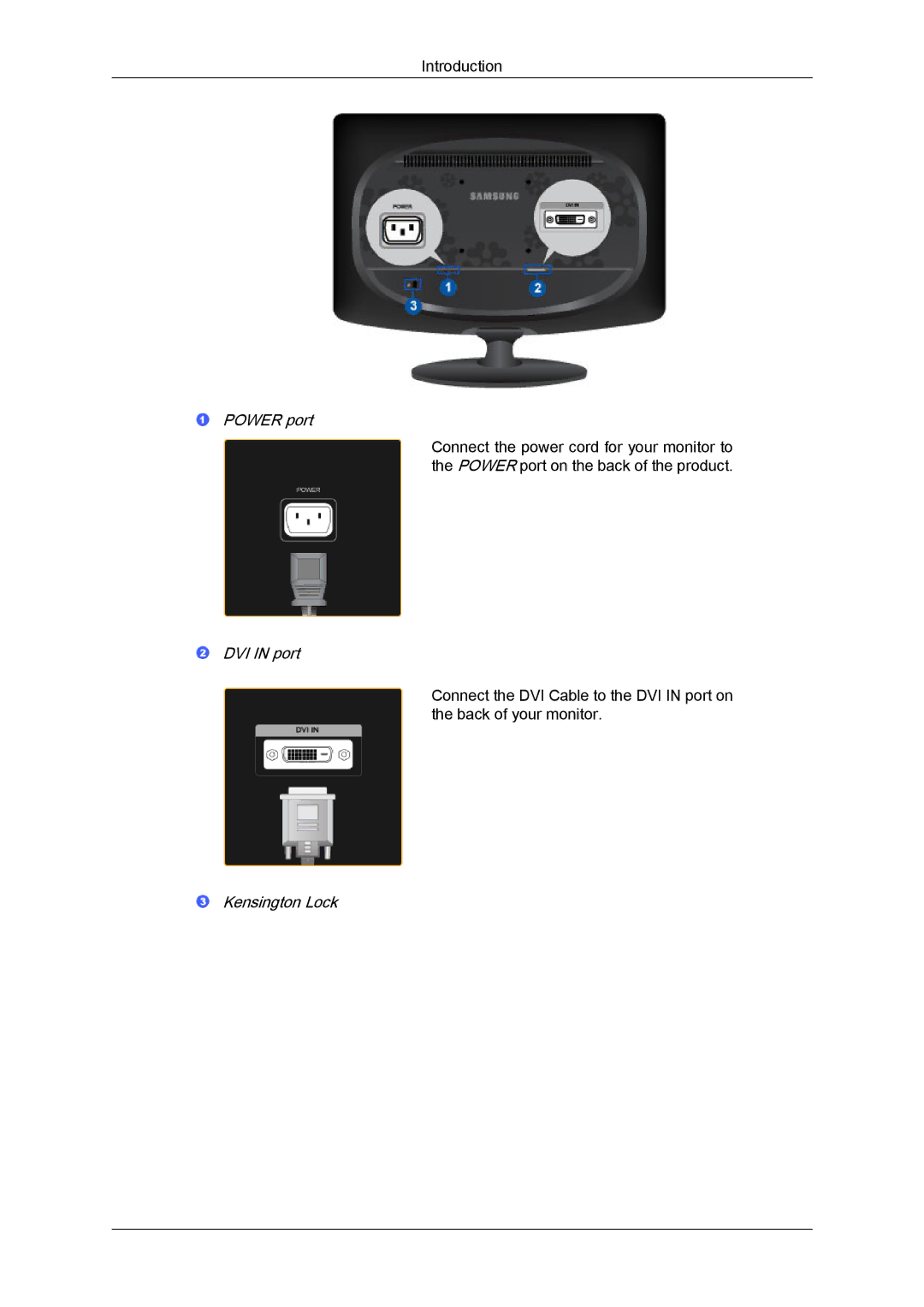 Samsung LS22CMFKFV/XJ, LS22CMEKFV/XJ, LS22CMFKFV/ZA, LS22CMEKFV/EN, LS22CMFKFV/EN Power port, DVI in port, Kensington Lock 