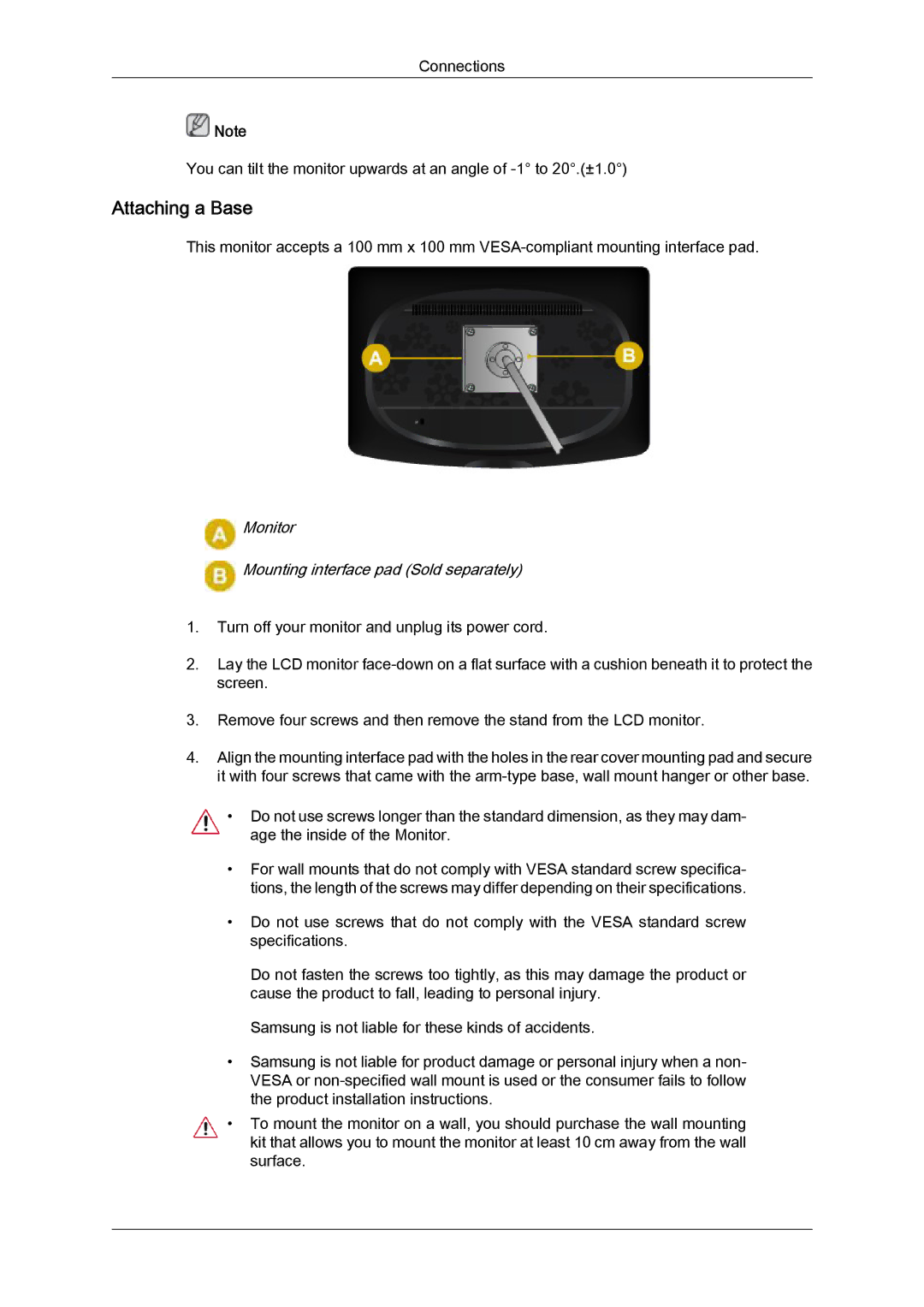 Samsung LS22CMEKFV/EN, LS22CMFKFV/XJ, LS22CMEKFV/XJ manual Attaching a Base, Monitor Mounting interface pad Sold separately 